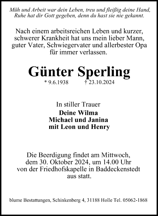 Traueranzeige von Günter Sperling von Salzgitter-Zeitung