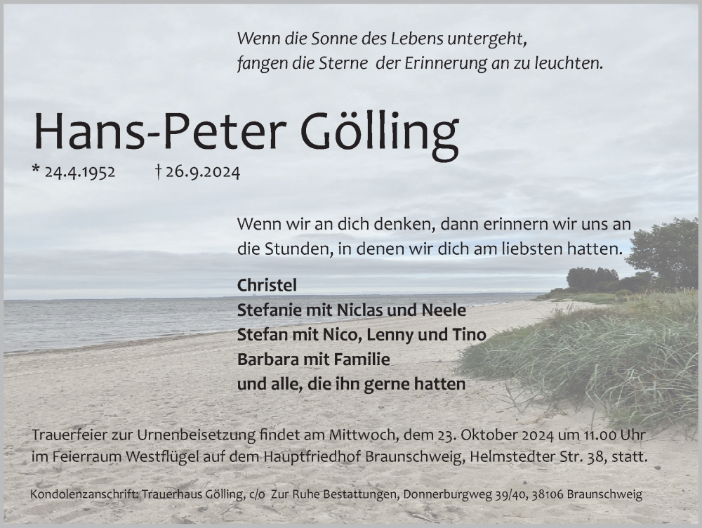  Traueranzeige für Hans-Peter Gölling vom 12.10.2024 aus Braunschweiger Zeitung