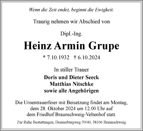 Traueranzeige von Heinz Grupe von Braunschweiger Zeitung