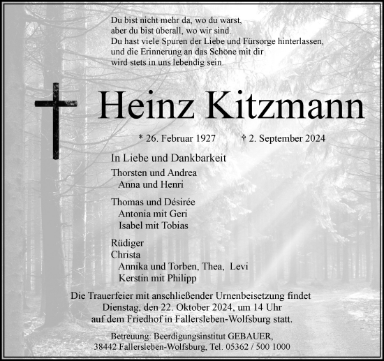 Traueranzeige von Heinz Kitzmann von Wolfsburger Nachrichten