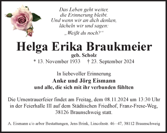 Traueranzeige von Helga Erika Braukmeier von Braunschweiger Zeitung