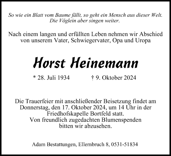 Traueranzeige von Horst Heinemann von Braunschweiger Zeitung