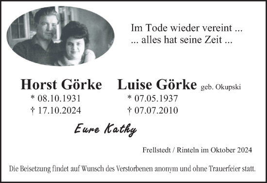 Traueranzeige von Horst und Luise Görke von Helmstedter Nachrichten