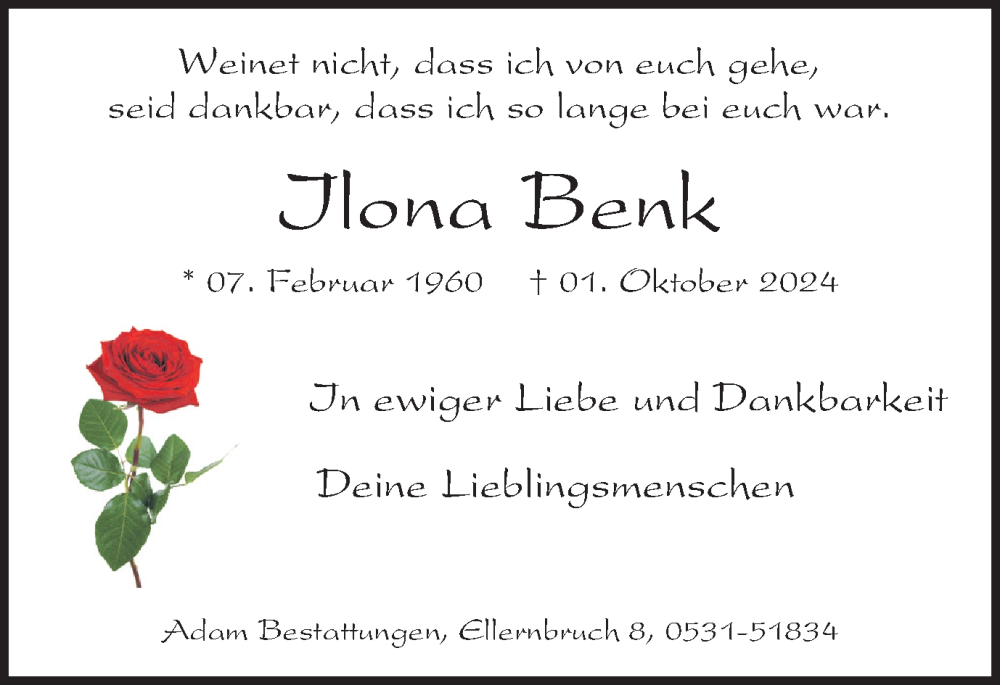  Traueranzeige für Ilona Benk vom 12.10.2024 aus Braunschweiger Zeitung