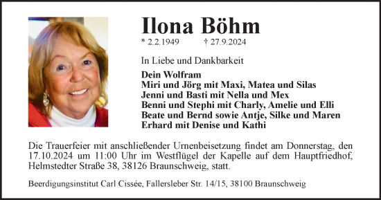 Traueranzeige von Ilona Böhm von Braunschweiger Zeitung