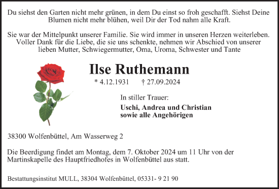 Traueranzeige von Ilse Ruthemann von Wolfenbütteler Zeitung