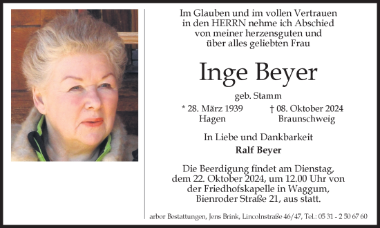 Traueranzeige von Inge Beyer von Braunschweiger Zeitung