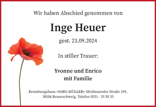 Traueranzeige von Inge Heuer von Braunschweiger Zeitung