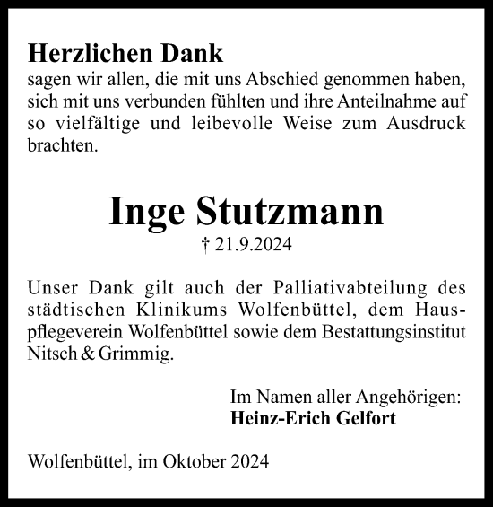 Traueranzeige von Inge Stutzmann von Wolfenbütteler Zeitung