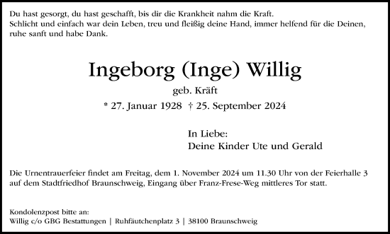 Traueranzeige von Ingeborg Willig von Braunschweiger Zeitung