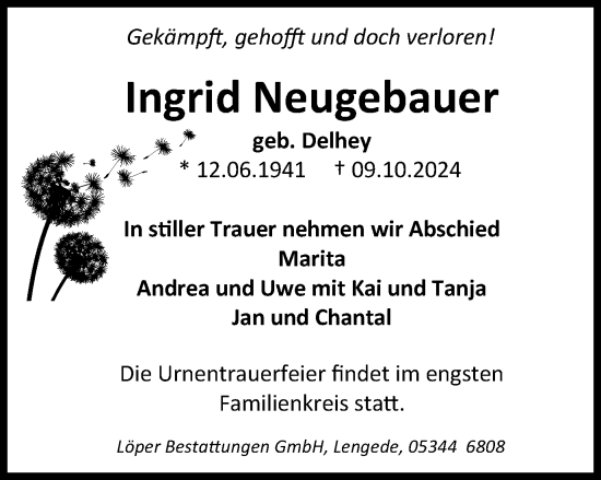 Traueranzeige von Ingrid Neugebauer von Peiner Nachrichten