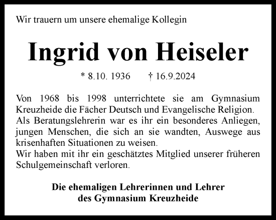 Traueranzeige von Ingrid von Heiseler von Wolfsburger Nachrichten