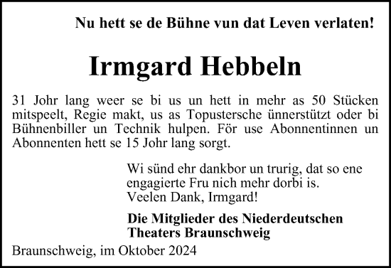 Traueranzeige von Irmgard Hebbeln von Braunschweiger Zeitung