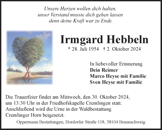 Traueranzeige von Irmgard Hebbeln von Braunschweiger Zeitung