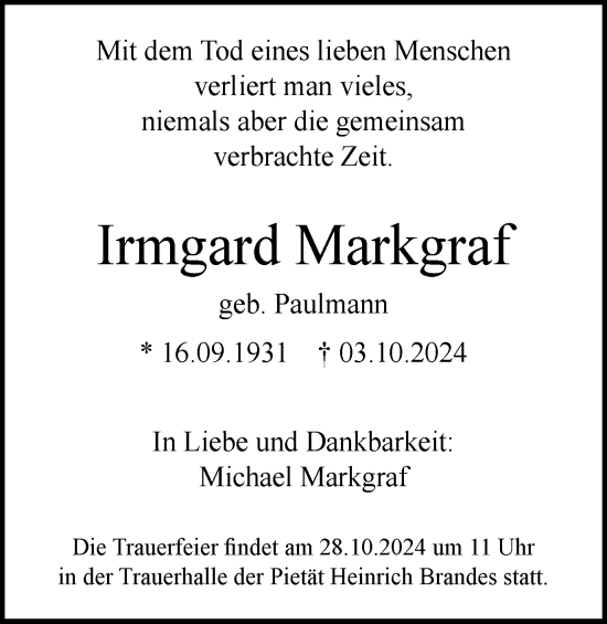 Traueranzeige von Irmgard Markgraf von Braunschweiger Zeitung