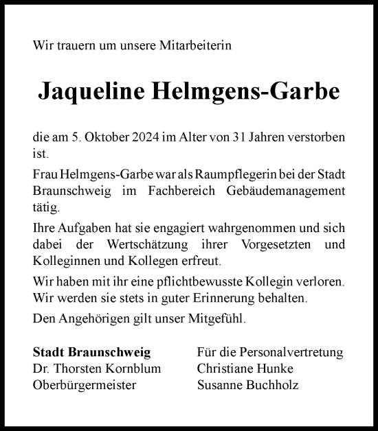 Traueranzeige von Jaqueline Helmgens-Garbe von Braunschweiger Zeitung