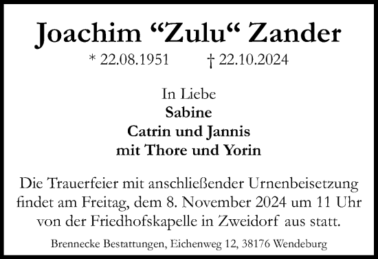 Traueranzeige von Joachim Zander von Braunschweiger Zeitung