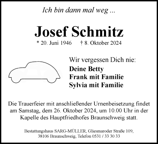 Traueranzeige von Josef Schmitz von Braunschweiger Zeitung