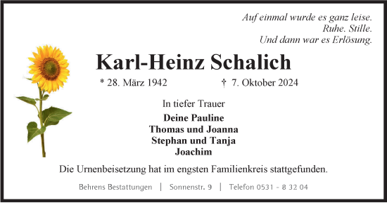 Traueranzeige von Karl-Heinz Schalich von Braunschweiger Zeitung