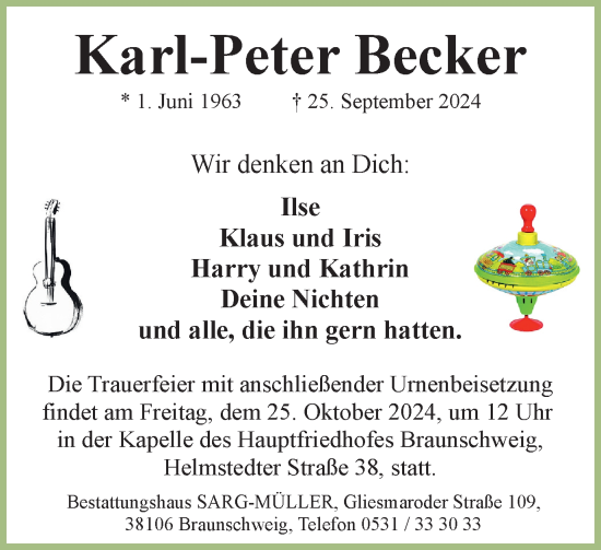 Traueranzeige von Karl-Peter Becker von Wolfsburger Nachrichten