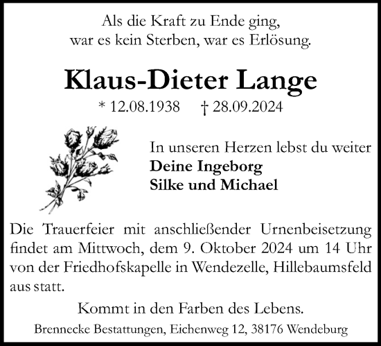 Traueranzeige von Klaus-Dieter Lange von Braunschweiger Zeitung