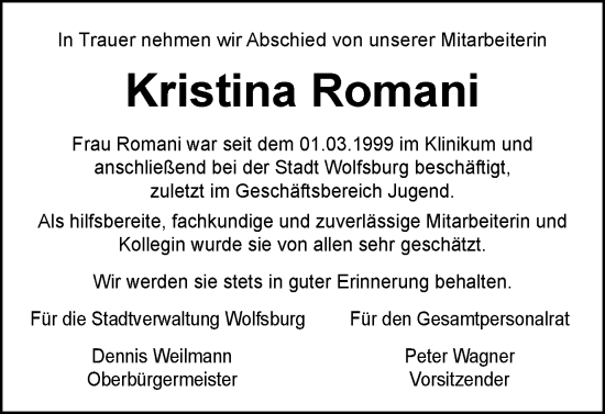 Traueranzeige von Kristina Romani von Wolfsburger Nachrichten