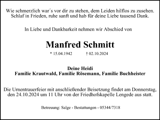 Traueranzeige von Manfred Schmitt von Peiner Nachrichten