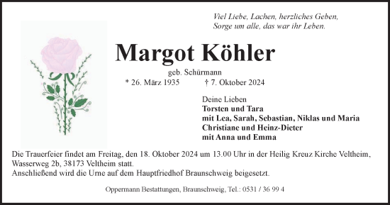 Traueranzeige von Margot Köhler von Braunschweiger Zeitung