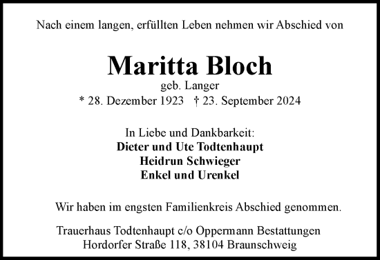 Traueranzeige von Maritta Bloch von Braunschweiger Zeitung