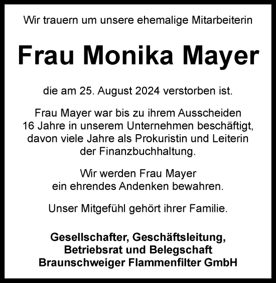 Traueranzeige von Monika Mayer von Braunschweiger Zeitung