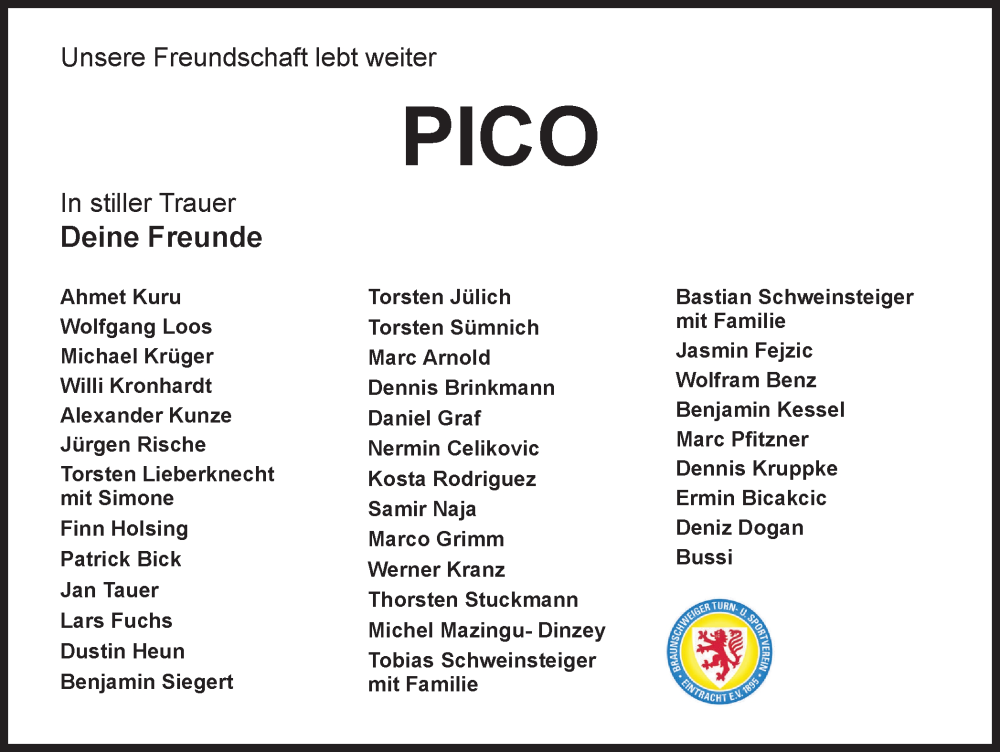  Traueranzeige für Pico  vom 26.10.2024 aus Braunschweiger Zeitung