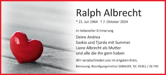 Traueranzeige von Ralph Albrecht von Wolfsburger Nachrichten