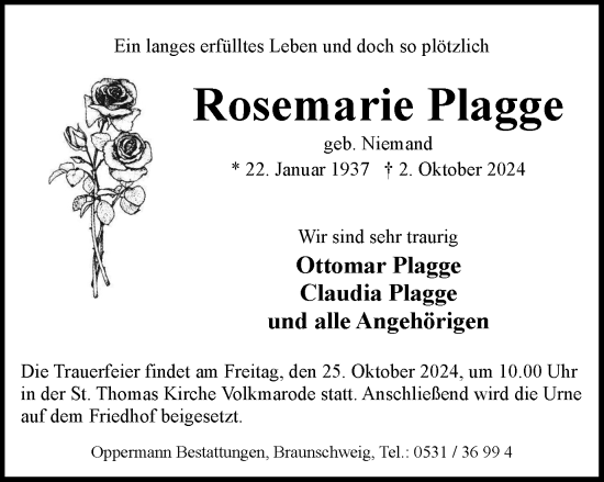 Traueranzeige von Rosemarie Plagge von Braunschweiger Zeitung