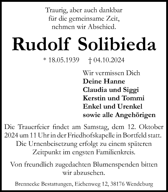 Traueranzeige von Rudolf Solibieda von Braunschweiger Zeitung