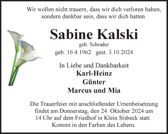 Traueranzeige von Sabine Kalski von Helmstedter Nachrichten