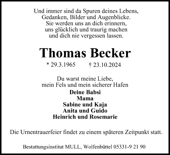 Traueranzeige von Thomas Becker von Braunschweiger Zeitung