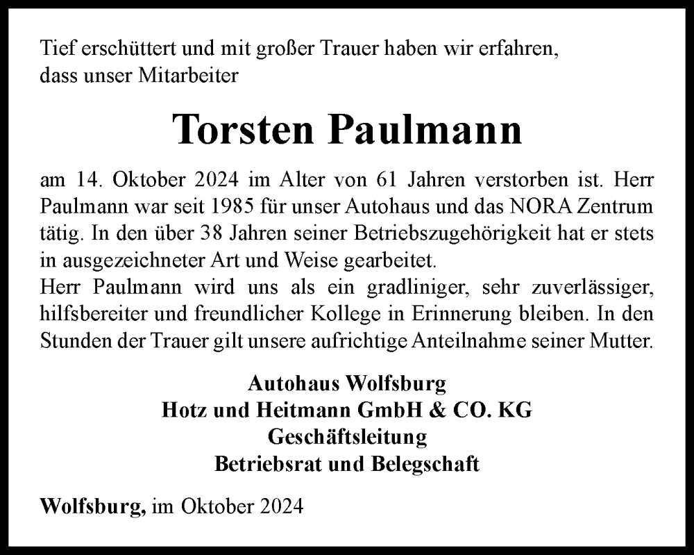  Traueranzeige für Torsten Paulmann vom 28.10.2024 aus Wolfsburger Nachrichten