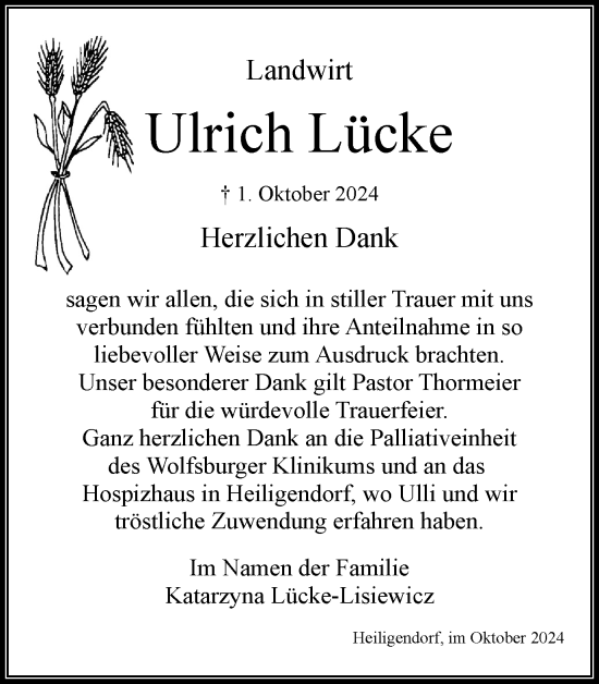 Traueranzeige von Ulrich Lücke von Wolfsburger Nachrichten