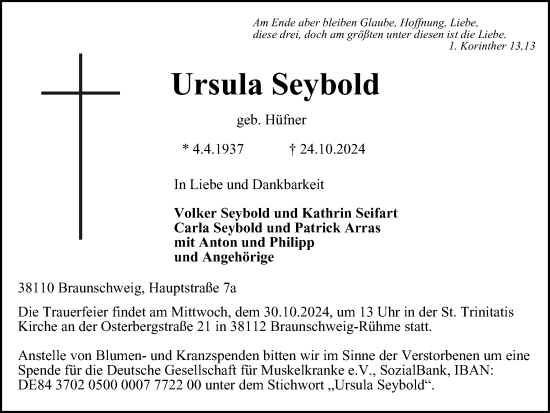 Traueranzeige von Ursula Seybold von Braunschweiger Zeitung