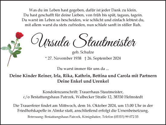 Traueranzeige von Ursula Stautmeister von Wolfsburger Nachrichten