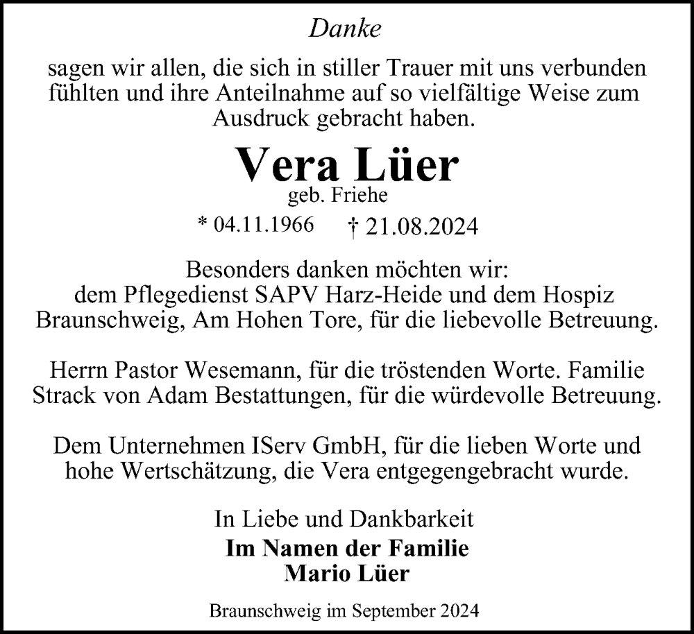  Traueranzeige für Vera Lüer vom 05.10.2024 aus Braunschweiger Zeitung