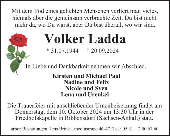 Traueranzeige von Volker Ladda von Braunschweiger Zeitung