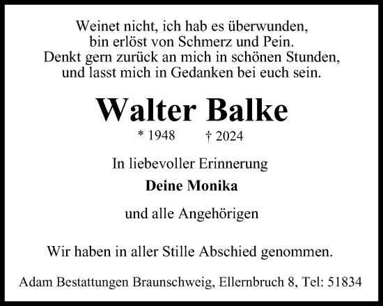 Traueranzeige von Walter Balke von Braunschweiger Zeitung