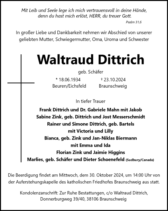 Traueranzeige von Waltraud Dittrich von Braunschweiger Zeitung