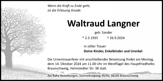 Traueranzeige von Waltraud Langner von Neue Braunschweiger am Samstag