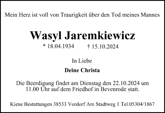 Traueranzeige von Wasyl Jaremkiewicz von Braunschweiger Zeitung