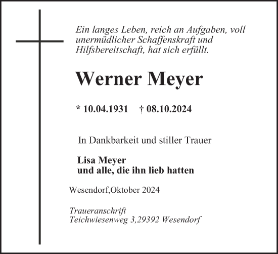 Traueranzeige von Werner Meyer von Salzgitter-Zeitung