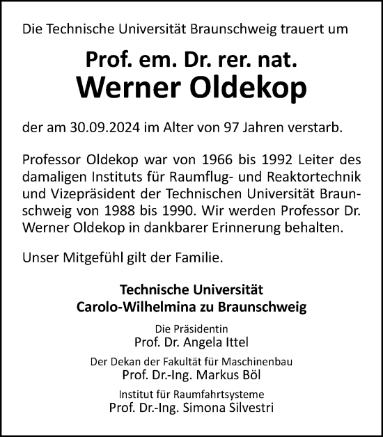 Traueranzeige von Werner Oldekop von Braunschweiger Zeitung