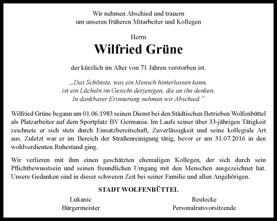 Traueranzeige von Wilfried Grüne von Wolfenbütteler Zeitung