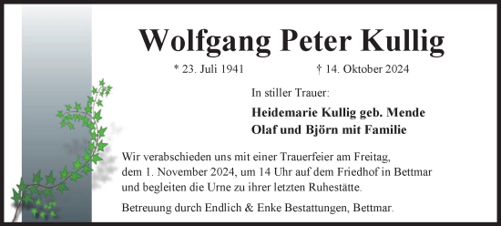 Traueranzeige von Wolfgang Peter Kullig von Peiner Nachrichten